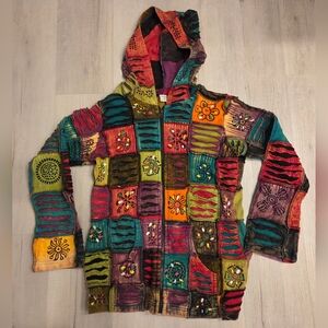 Multi-Color Patchwork Zip Up Hoodie Women’s Size Small Hippie